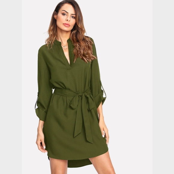 Army Green Belted Shirt Dress Asymmetric Hem - Picture 2 of 6